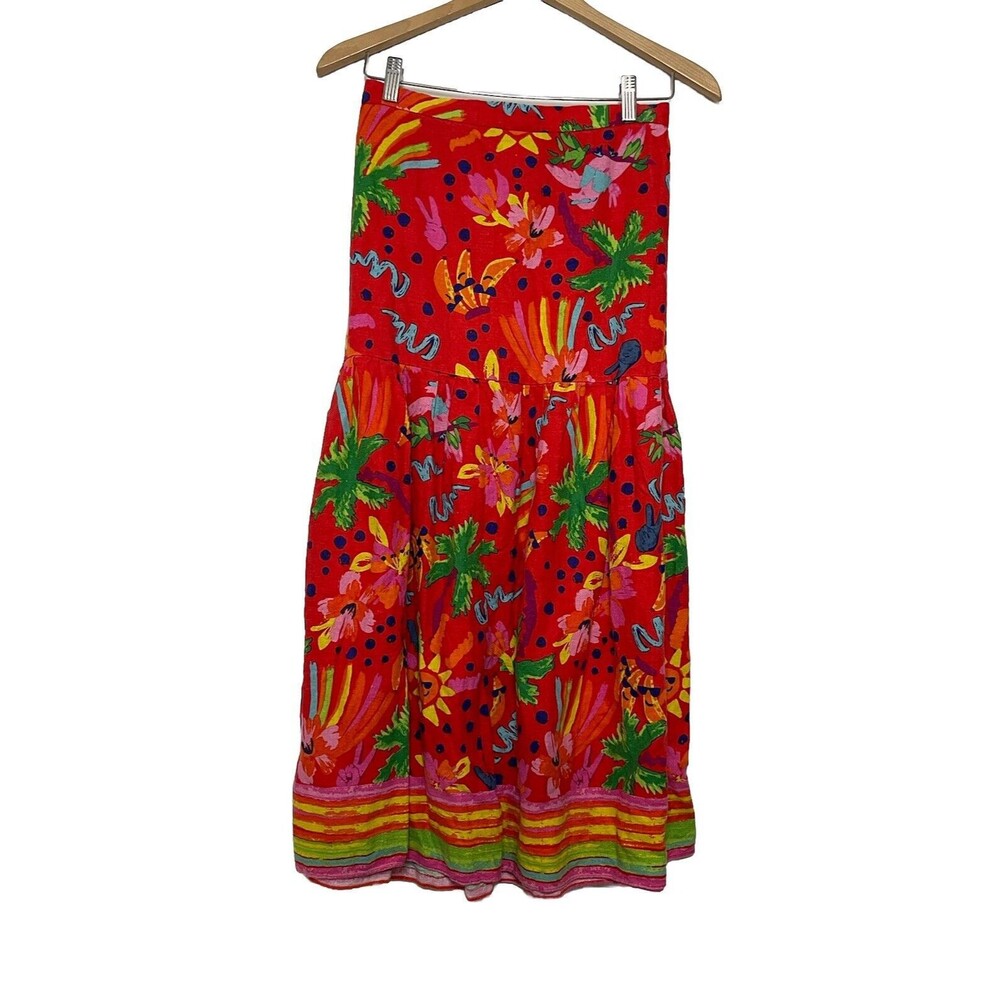 Maison D' Amelie Women's Small Colorful Tropical Midi Skirt Linen Rayon Pull On